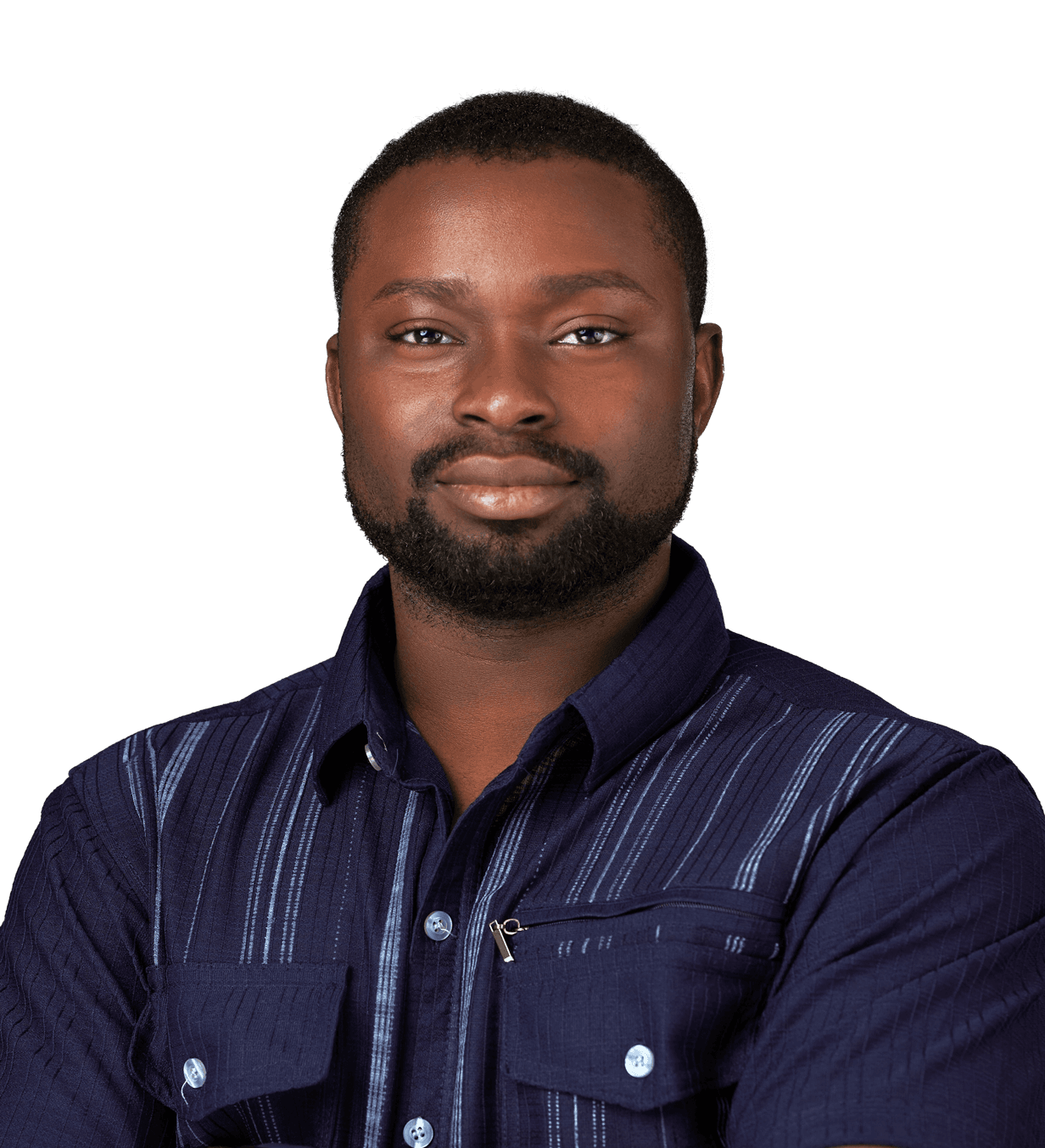Oluwatobi Elijah, arms folded, in a navy striped shirt
